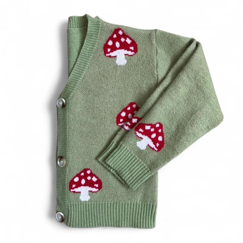 Mushroom Print Knit Cardigan Cottagecore Fairy Grunge Soft Girl Grandpa Sweater